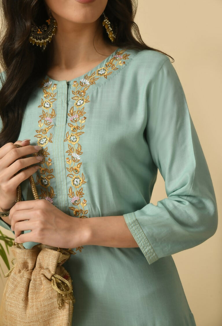 Joban Fashion Sea Green Cotton Rayon Kurta Set | Grocsy