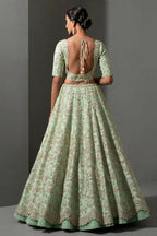 Jyoti Fashion Women's Sea Green Mulberry Silk Sequins, Dori & Thread Embroidered with Net Ruffle Work Designer Lehenga Choli Set | Grocsy