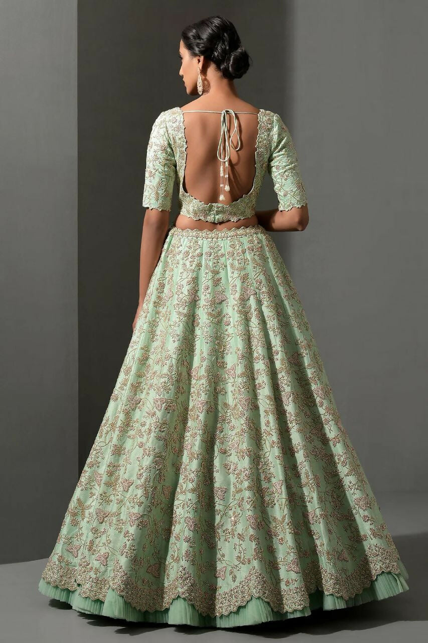 Jyoti Fashion Women's Sea Green Mulberry Silk Sequins, Dori & Thread Embroidered with Net Ruffle Work Designer Lehenga Choli Set | Grocsy