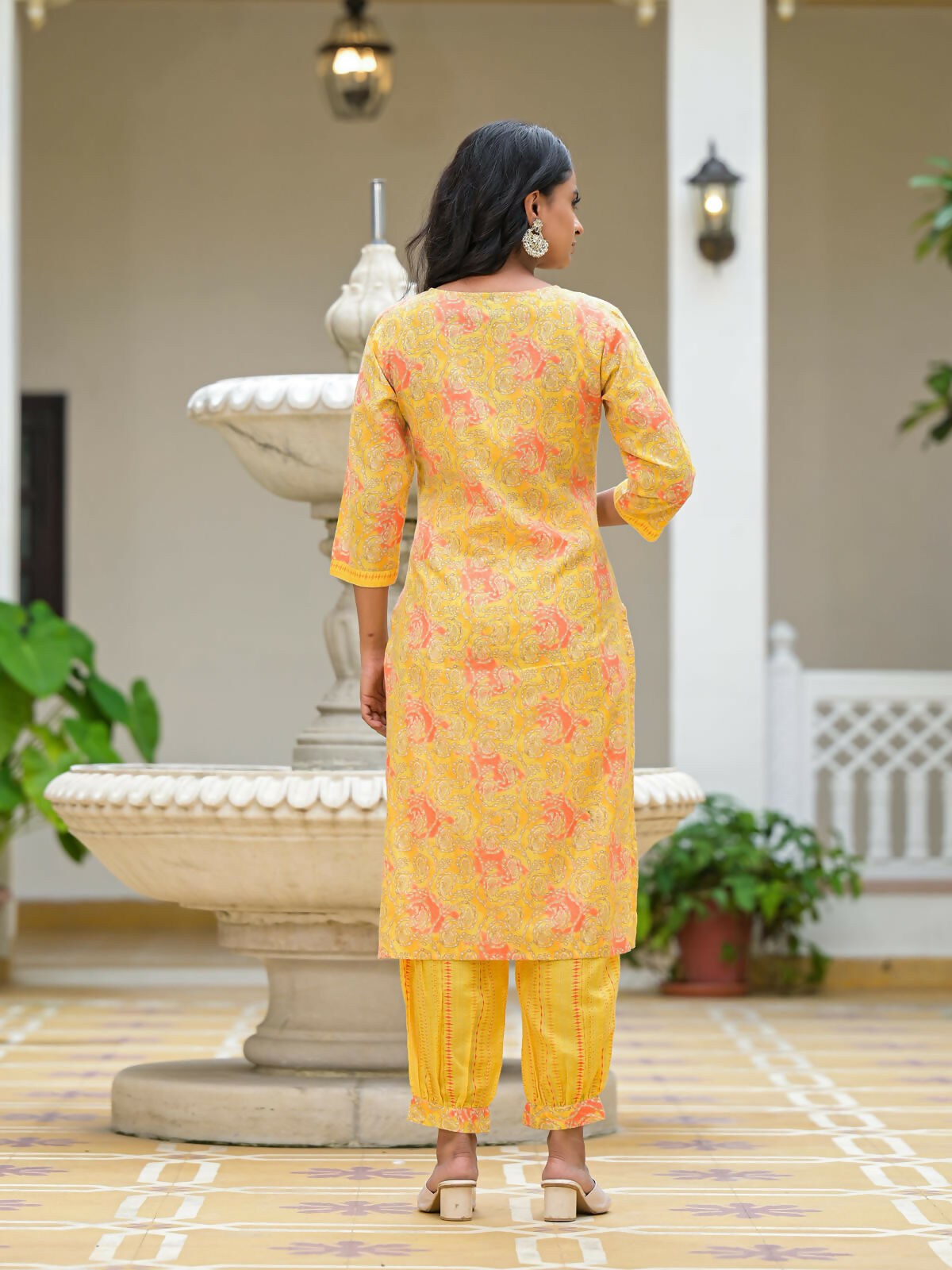 Juniper Women's Yellow Ethnic Motif Printed Cotton Kurta Pant With Dupatta Set With Sequins & Lace | Grocsy
