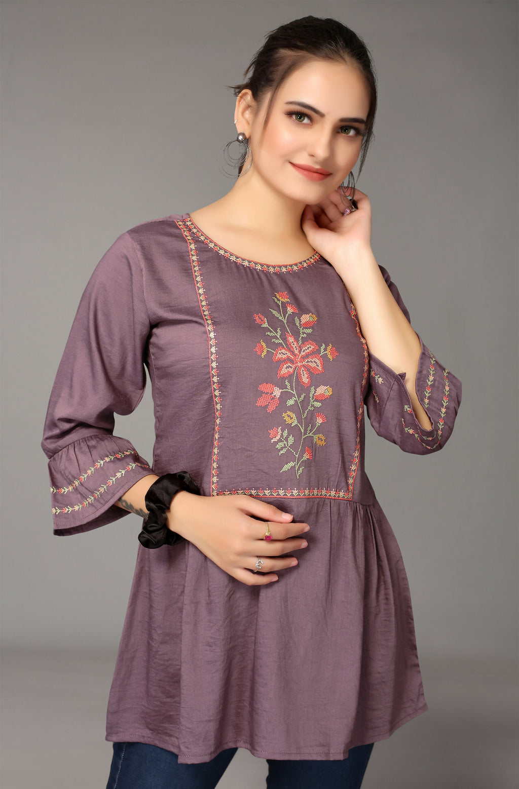 Women's Purple Viscose blend Embroidered Short Top - Marina | Grocsy