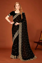 PR Fashion Black Fendi Two Tone Silk Heavy Zari Embroidery Work With Heavy Siroski Work Saree | Grocsy