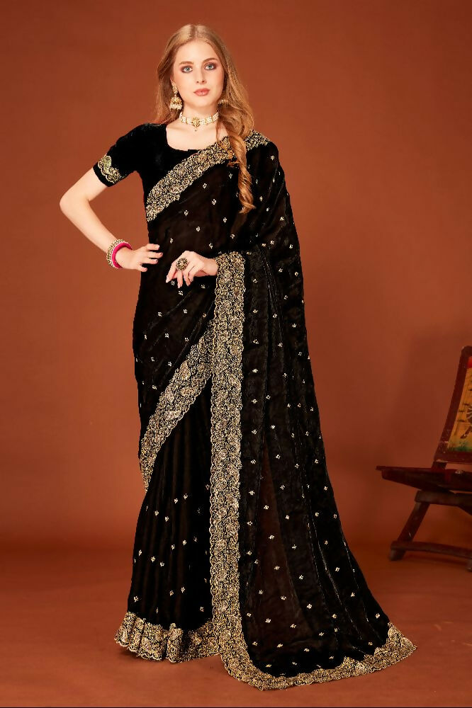 PR Fashion Black Fendi Two Tone Silk Heavy Zari Embroidery Work With Heavy Siroski Work Saree | Grocsy