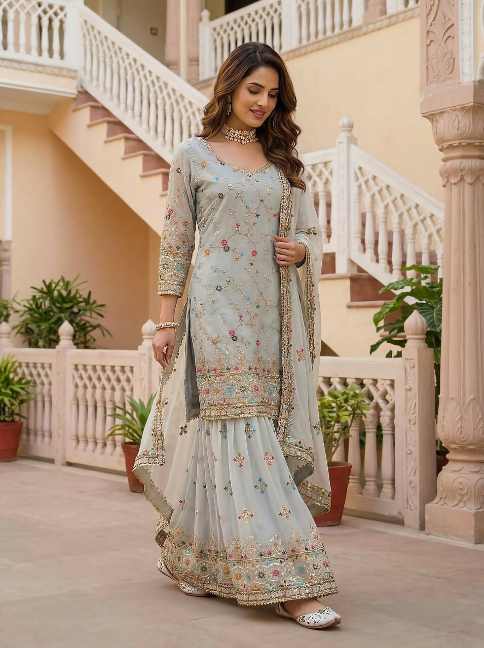 Teeya Creation Grey Faux Georgette Multi Thread Work Wedding Wear Sharara Set | Grocsy