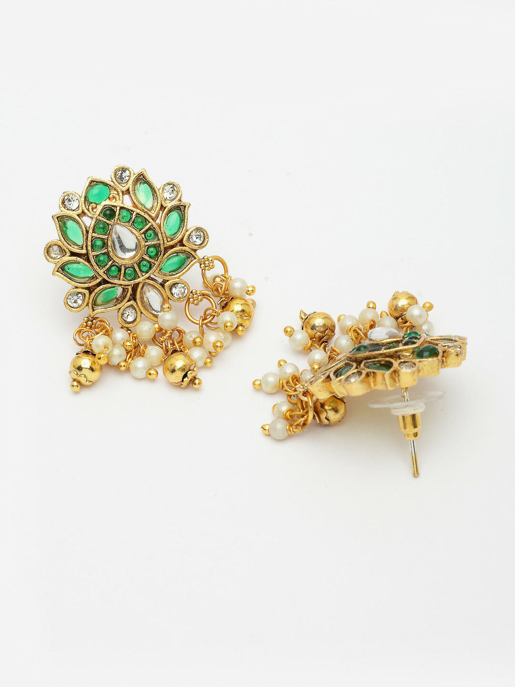 NVR Women's Gold-Polished Green Kundan- Studded & Beaded Handcrafted Temple Jewellery Set | Grocsy