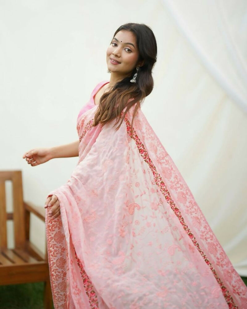 Vamsee Jasmin Peach Uae Georgette Saree | Grocsy