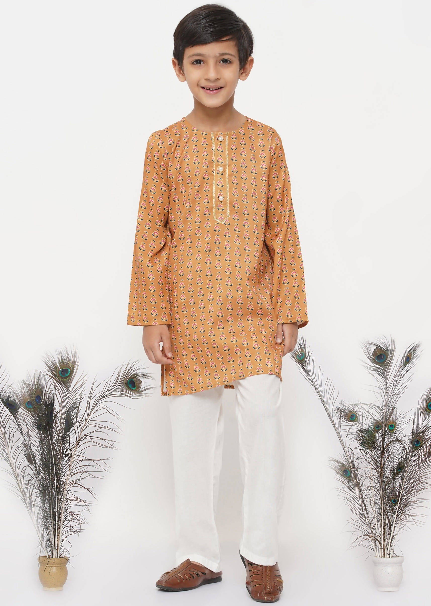 Little Bansi Boys Cotton Silk Floral Kurta with Pearl Buttons & Pyjama - Orange & Cream | Grocsy