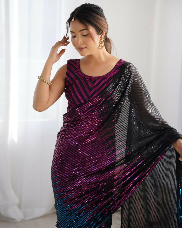 Black Georgette Designer Sequence Embroidery Work Saree - Radhe | Grocsy