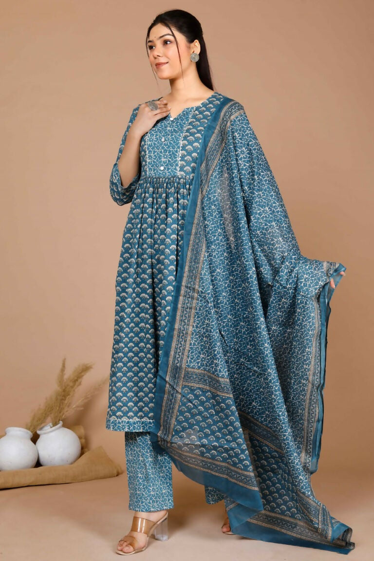 Miravan Women's Blue Ethnic Motifs Printed Gotta Patti Cotton Kurta With Palazzo & Dupatta | Grocsy