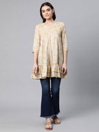 Ahalyaa Beige Cotton Gold Printed Tunic | Grocsy