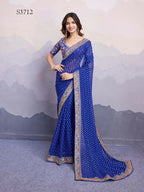Blue Georgette Bandhani Printed,Embroidery Work Saree - Surkhi | Grocsy