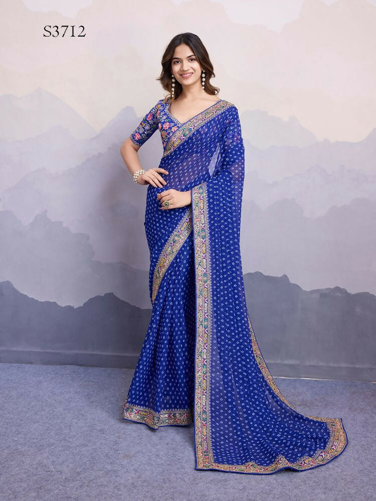 Blue Georgette Bandhani Printed,Embroidery Work Saree - Surkhi | Grocsy
