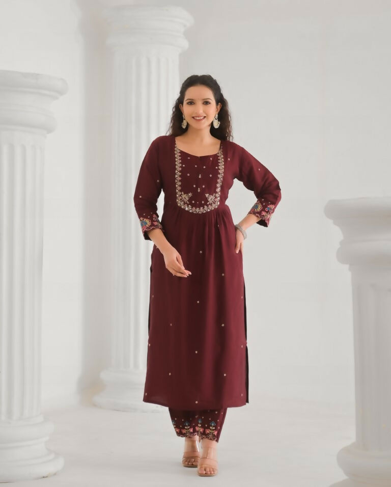 Festive Ethnic Viscose Chanderi Maroon Stitched Suit With Dupatta - Rashmika | Grocsy