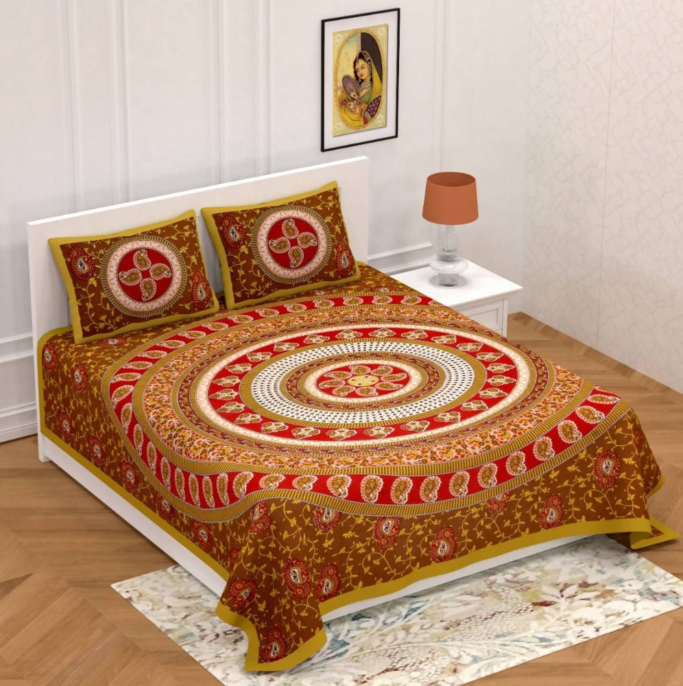 Vamika Printed Circleambi Brown Cotton Bedsheet With Pillow Covers (PM Circleambi Brown) | Grocsy