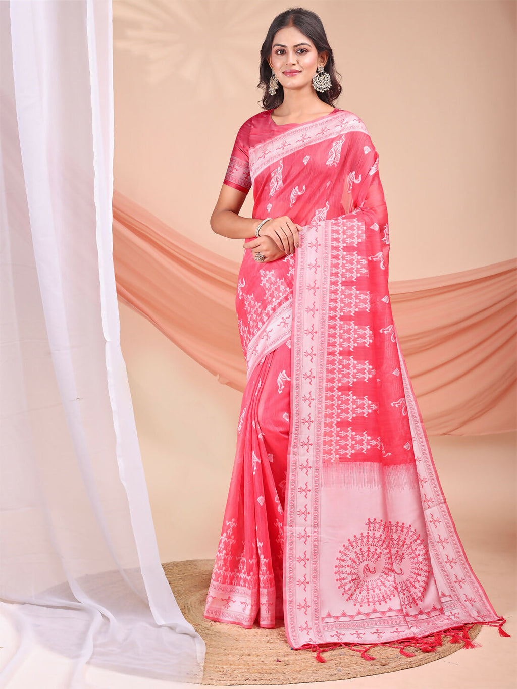 Shree Shyam Fashion Varnika Pink Linen Cotton Saree | Grocsy