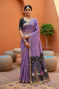 Vastranavya Lavender Muga Cotton Meenakari & Azarakh Pallu Saree with Contrast Blouse | Grocsy