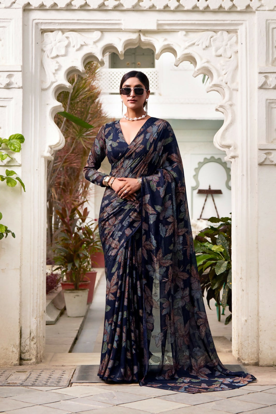Vastranavya Navy Blue Lurex Brasso Floral Printed Saree with Unstitched Blouse | Grocsy
