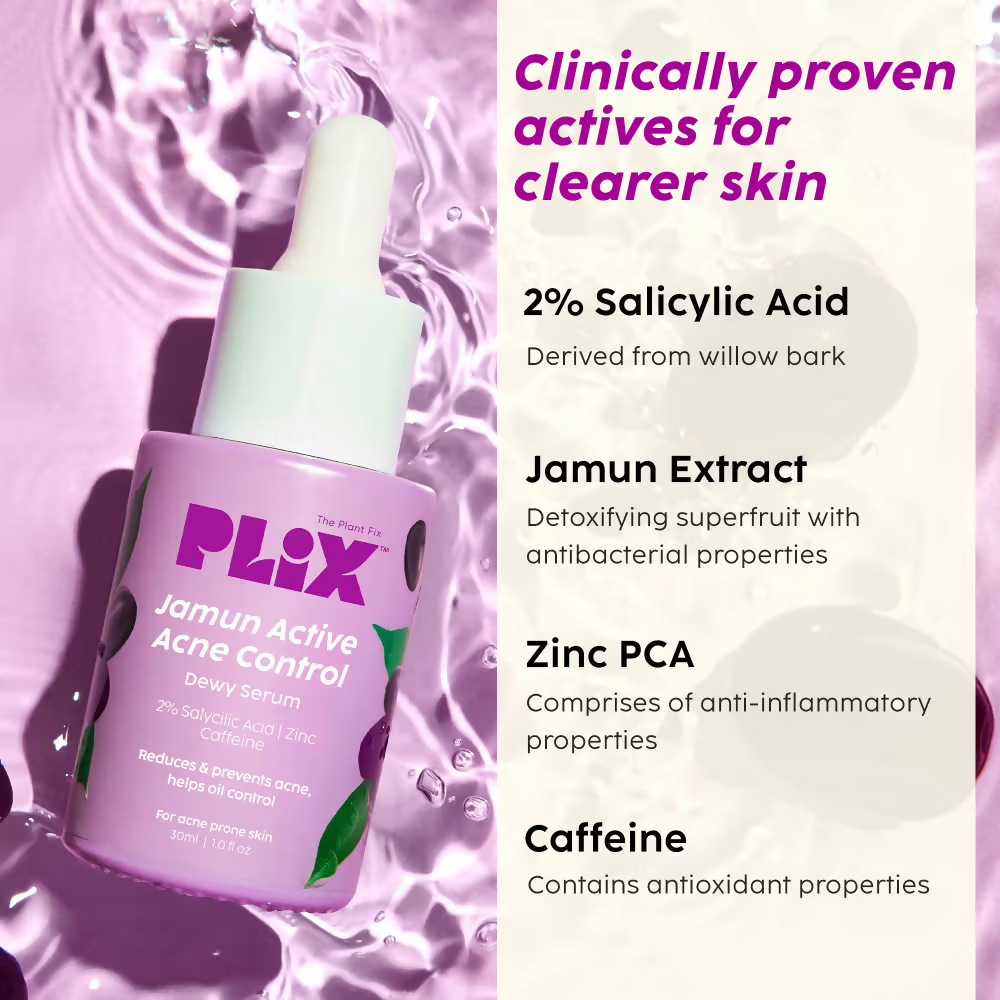 PLIX The Plant Fix Jamun Active Acne Regime - Cleanser, Acne Mark Serum, Moisturizer & Body Wash For Women & Men | Grocsy