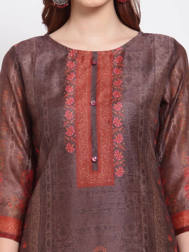 Myshka Women's Multi Printed Chanderi Silk 3/4 Sleeve Round Neck Casual Kurta | Grocsy