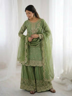 Teeya Creation Parrot Green Color Fendy Silk Embroidery Work Wedding Wear Salwar Suit | Grocsy