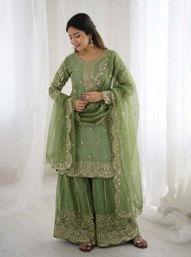 Teeya Creation Parrot Green Color Fendy Silk Embroidery Work Wedding Wear Salwar Suit | Grocsy