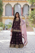 Vastranavya Faux Blooming with Sequins Embroidered Kurti, Palazzo & Dupatta - Maroon | Grocsy