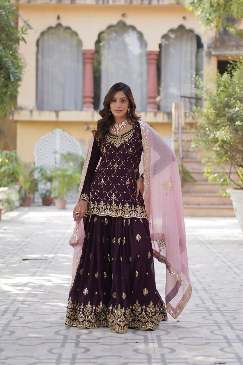 Vastranavya Faux Blooming with Sequins Embroidered Kurti, Palazzo & Dupatta - Maroon | Grocsy