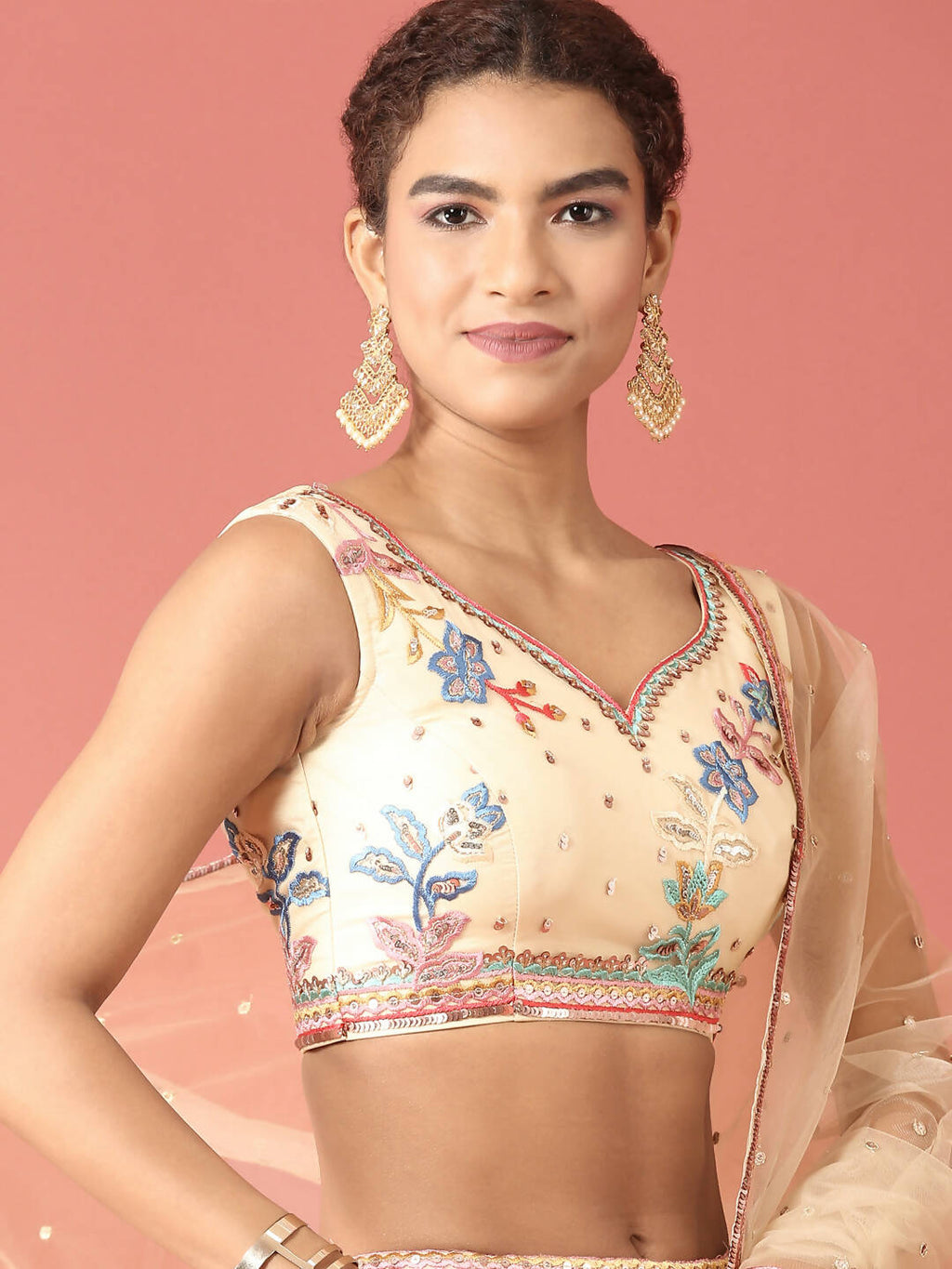 House of Panchhi Cream Net Multi colour Thread & Sequinse Work Lehenga & Blouse, Dupatta | Grocsy