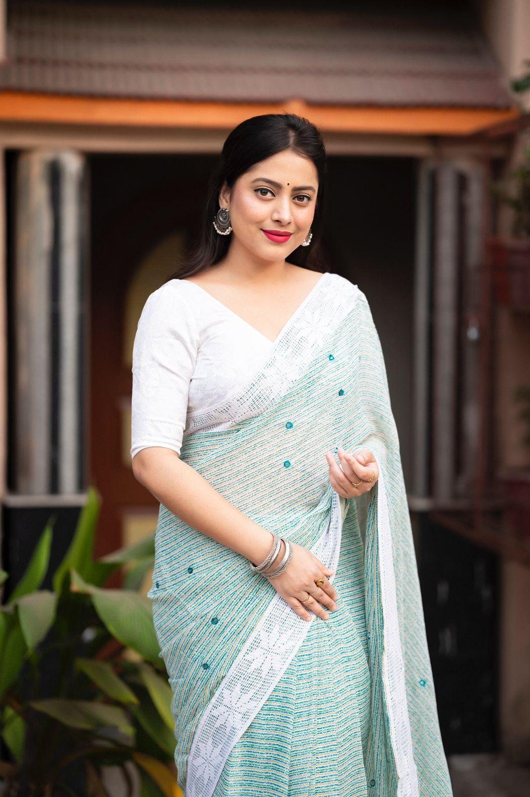 Blue Poly Georgette Ethnic Motifs Saree with Unstitched Blouse - A2M | Grocsy