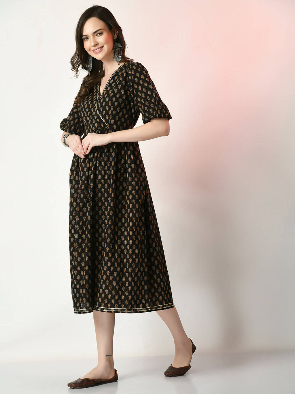 Myshka Women's Black Floral Printed Empire Dress | Grocsy