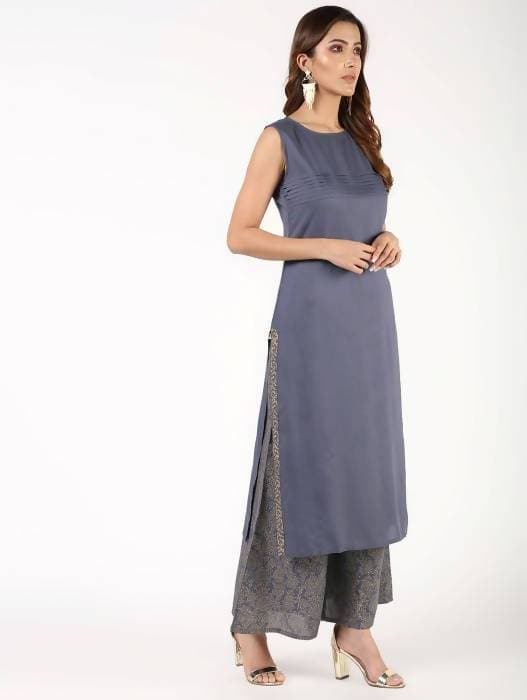Aniyah Rayon Solid Pintucks Grey Kurta With Gold Print Palazzo Set (AN-153K) | Grocsy