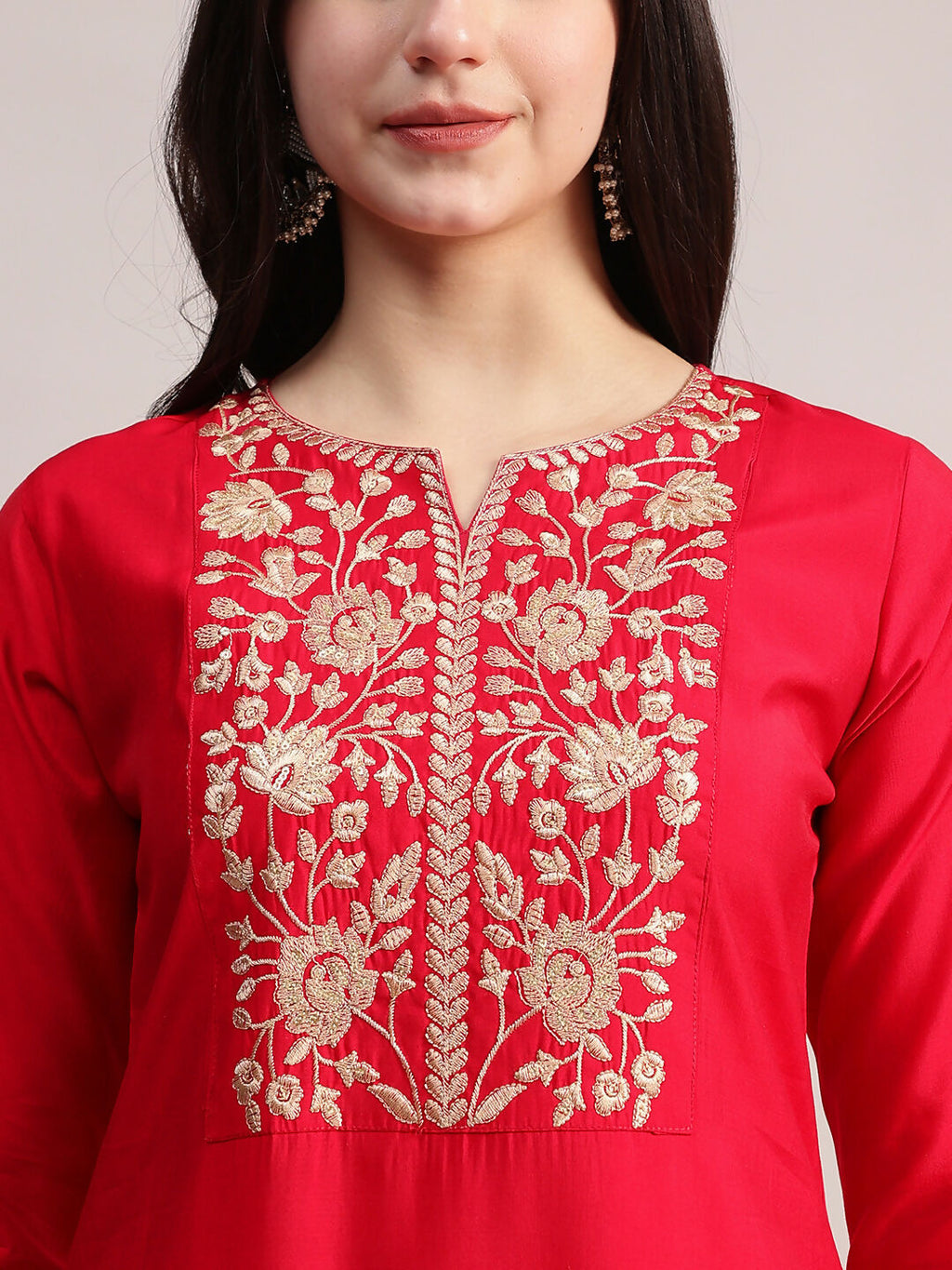 Aavyora Women's Red Embroidered Roman Silk Kurta, Palazzo & Organza Dupatta Set | Grocsy