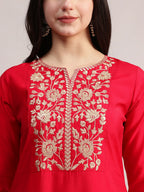 Aavyora Women's Red Embroidered Roman Silk Kurta, Palazzo & Organza Dupatta Set | Grocsy