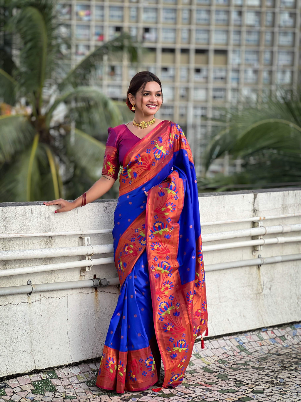 Vedant Vastram Soft Litchi Silk Paithani Jacquard Saree - Blue | Grocsy