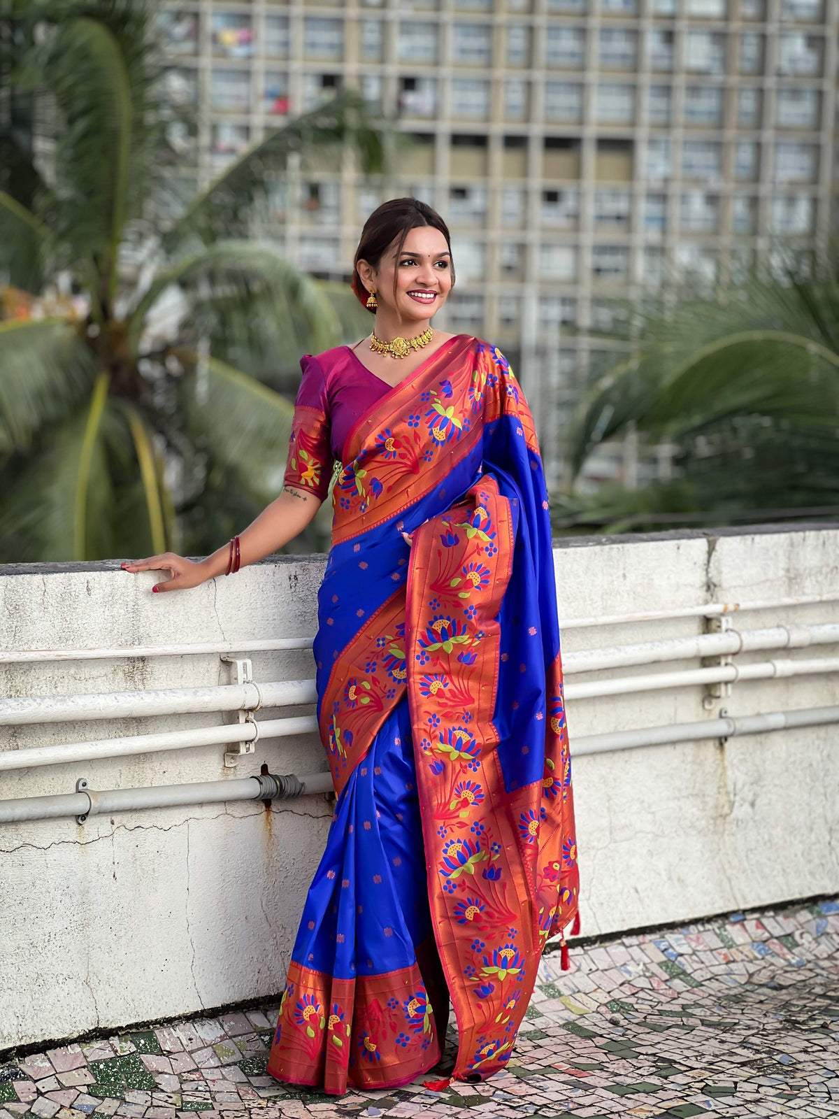 Vedant Vastram Soft Litchi Silk Paithani Jacquard Saree - Blue | Grocsy