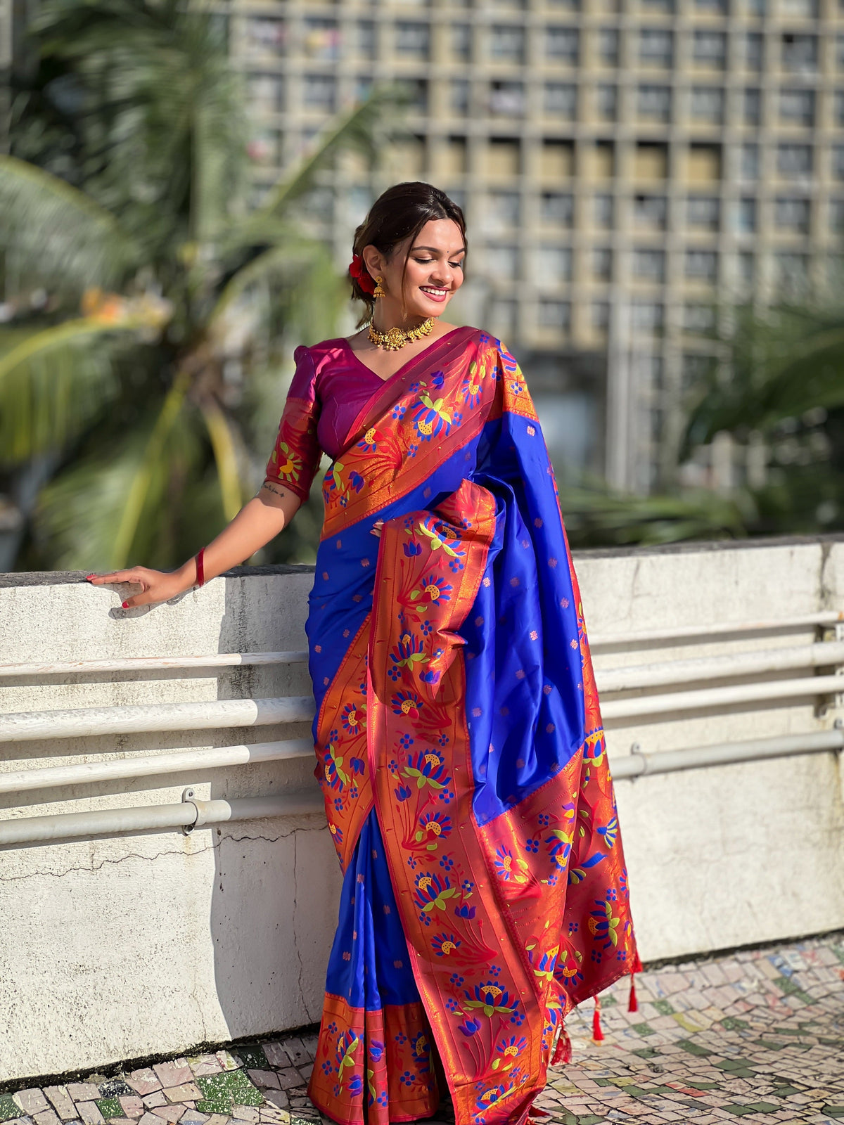 Vedant Vastram Soft Litchi Silk Paithani Jacquard Saree - Blue | Grocsy