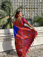 Vedant Vastram Soft Litchi Silk Paithani Jacquard Saree - Blue | Grocsy