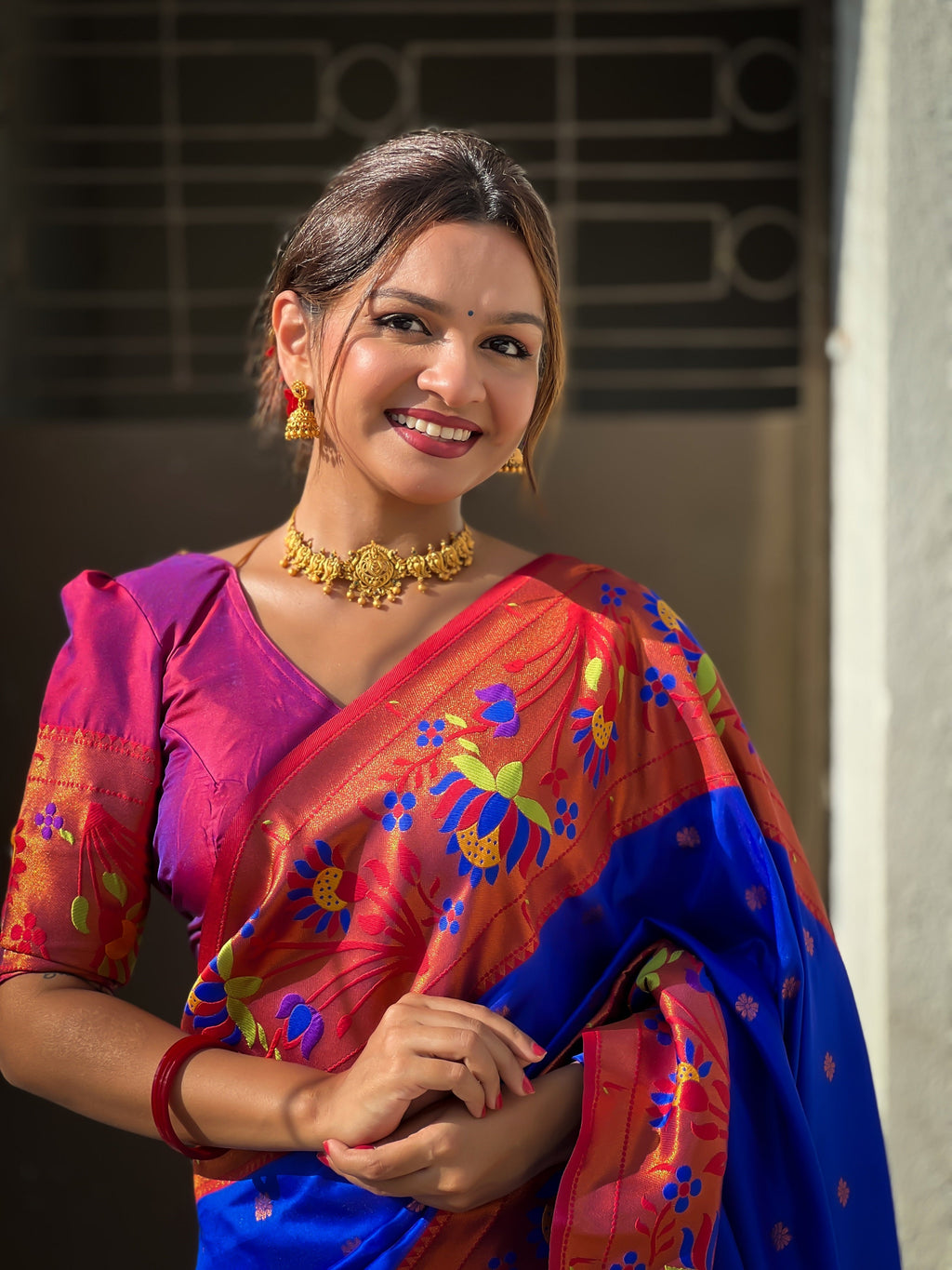 Vedant Vastram Soft Litchi Silk Paithani Jacquard Saree - Blue | Grocsy