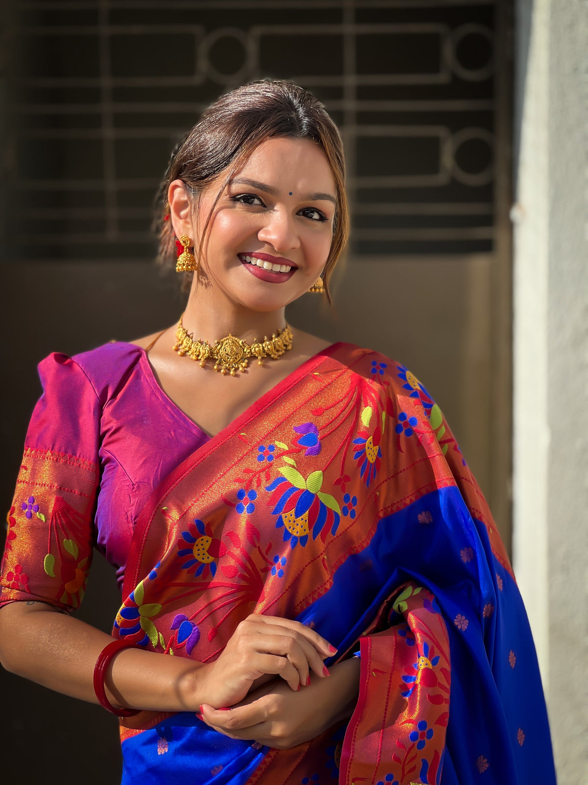 Vedant Vastram Soft Litchi Silk Paithani Jacquard Saree - Blue | Grocsy