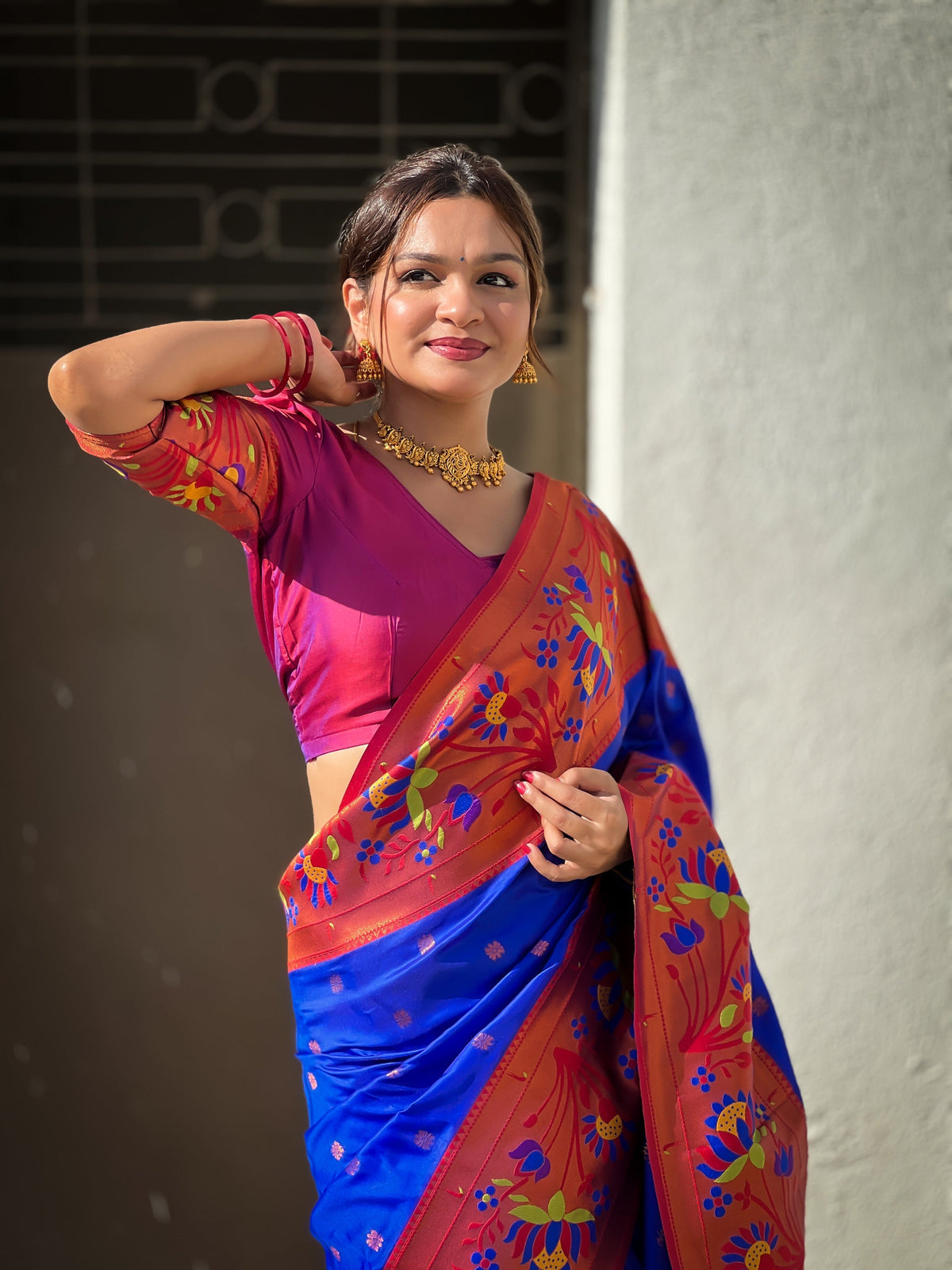 Vedant Vastram Soft Litchi Silk Paithani Jacquard Saree - Blue | Grocsy