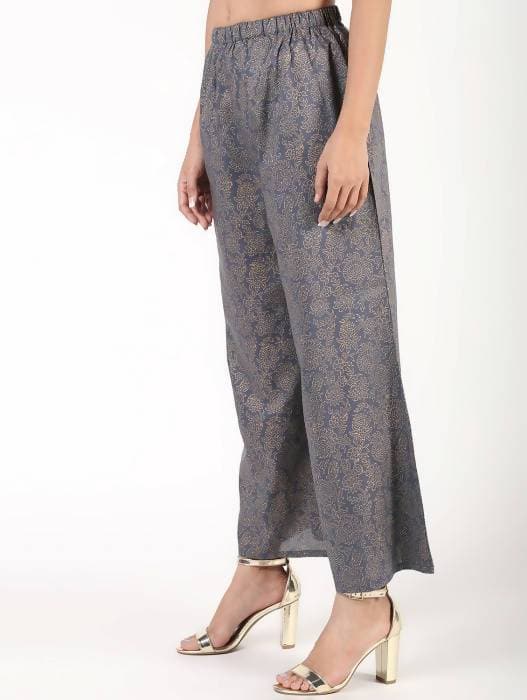 Aniyah Rayon Gold Print Flared Grey Palazzo (AN-155K) | Grocsy