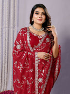 Red Pure Satin Embroidered Saree With Stitched Blouse - Nimaya Kaksha | Grocsy