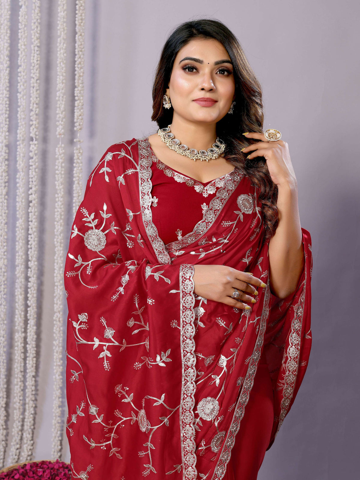 Red Pure Satin Embroidered Saree With Stitched Blouse - Nimaya Kaksha | Grocsy