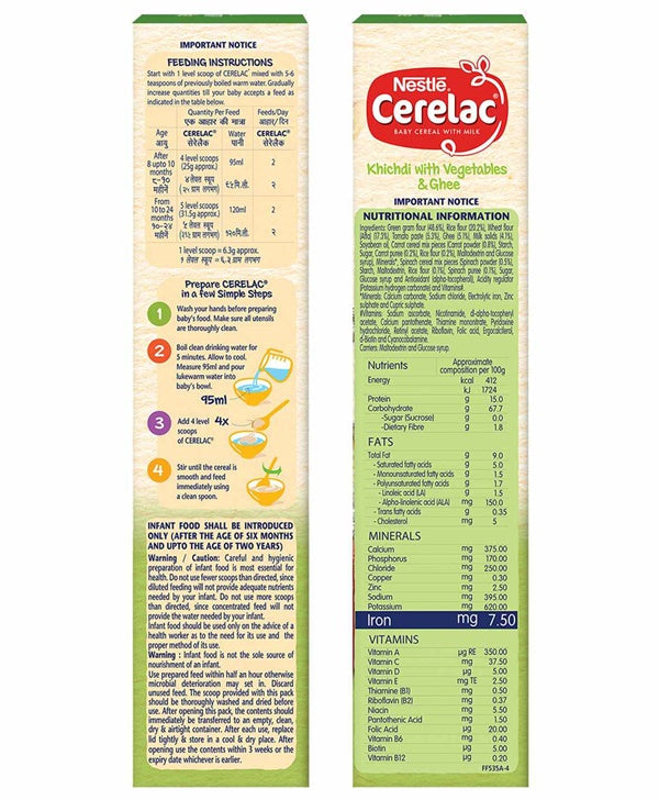 Nestle Cerelac Baby Cereal With Milk - Khichdi With Vegetables & Ghee | Grocsy
