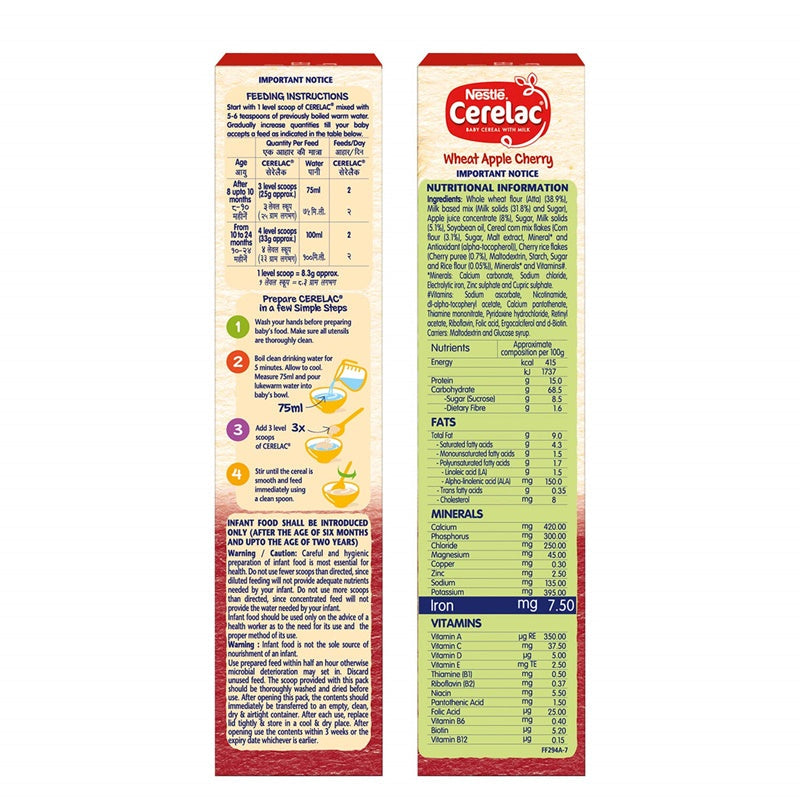 Nestle Cerelac Baby Cereal With Milk - Wheat Apple Cherry | Grocsy