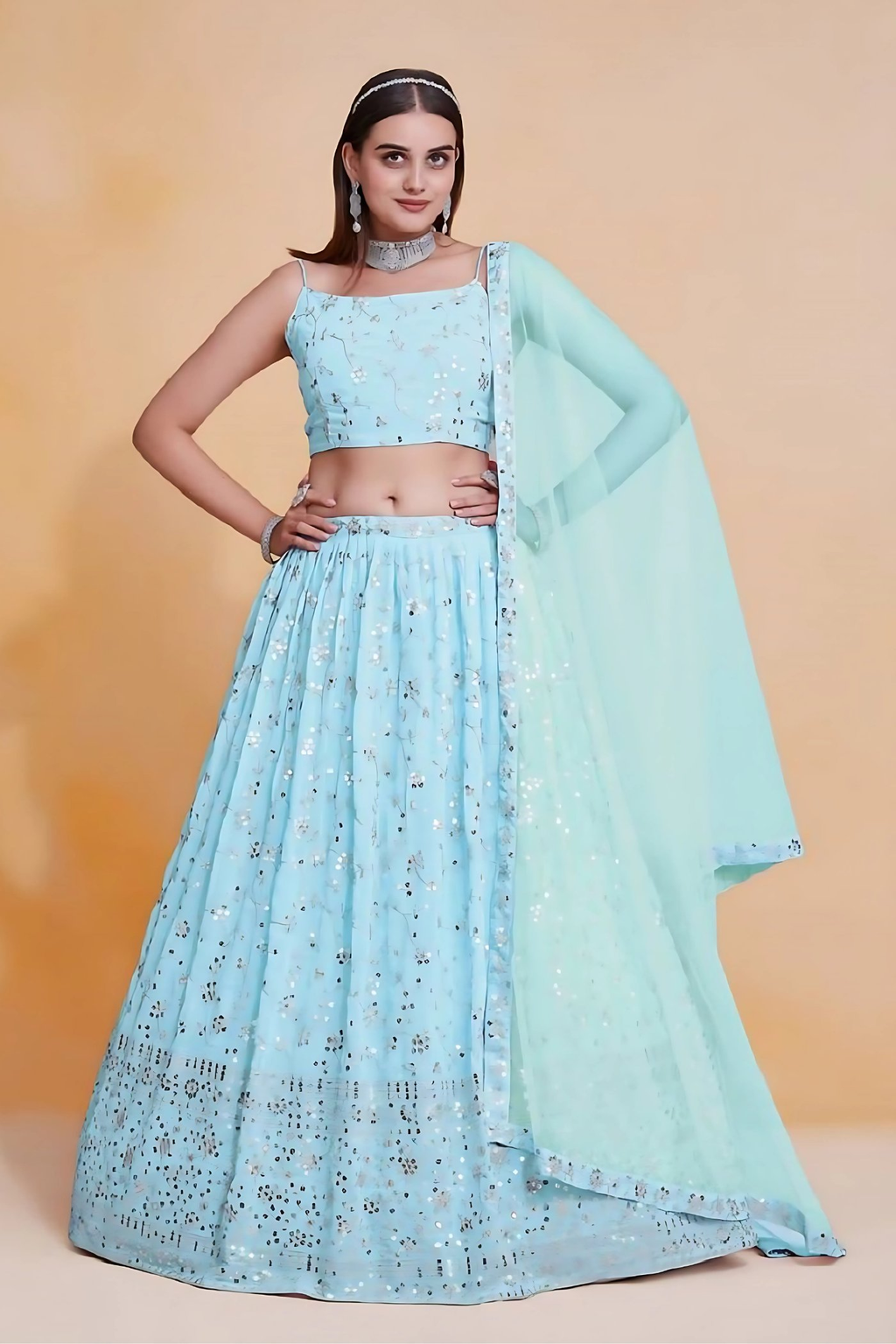 Lehenga Mart Designer Wedding Lehenga Choli For Women - Sky Blue | Grocsy