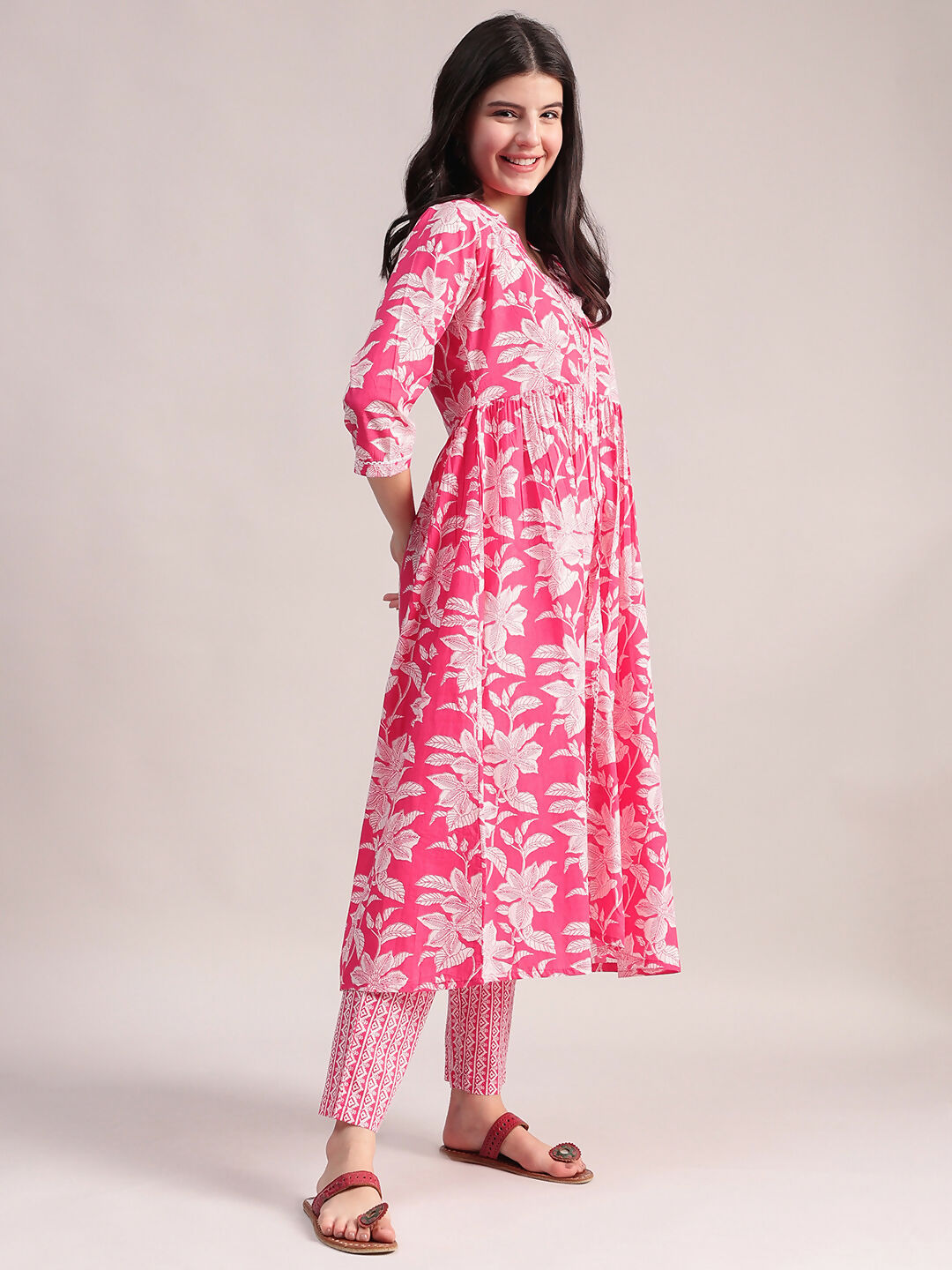 Aavyora Women's Pink Floral Cotton Kurta with Lace Detailing, with Trouser & Dupatta | Grocsy
