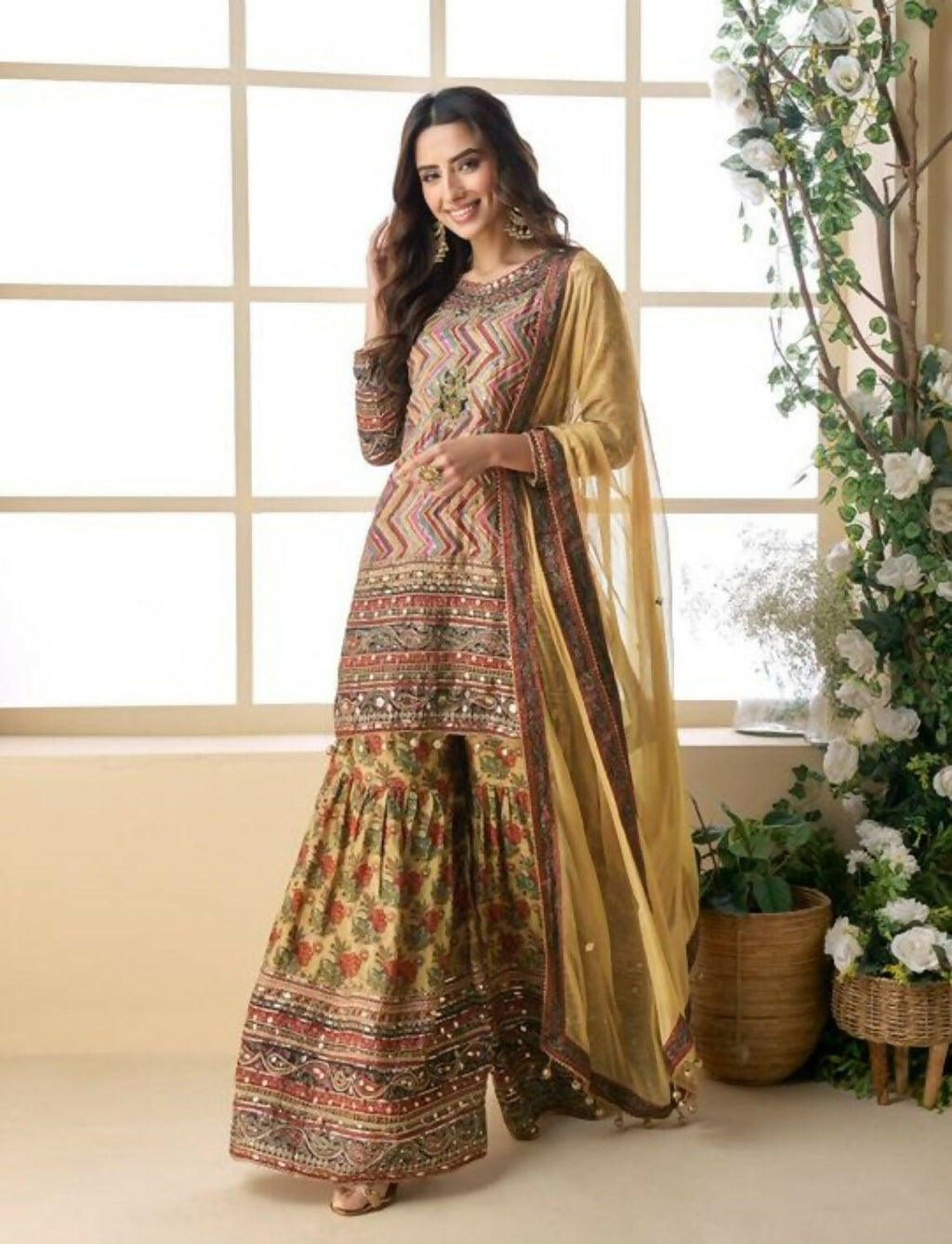 Anaita Yellow Heavy Crepe Silk Ready Made Suit with Multi Digital Printed & Aari Work | Grocsy
