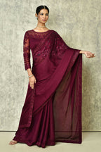 Wine Silk Solid Designer Saree with Blouse - Purvi | Grocsy