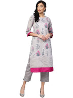 Ahalyaa Women Grey Chanderi Silk Printed Kurta Pant Set | Grocsy